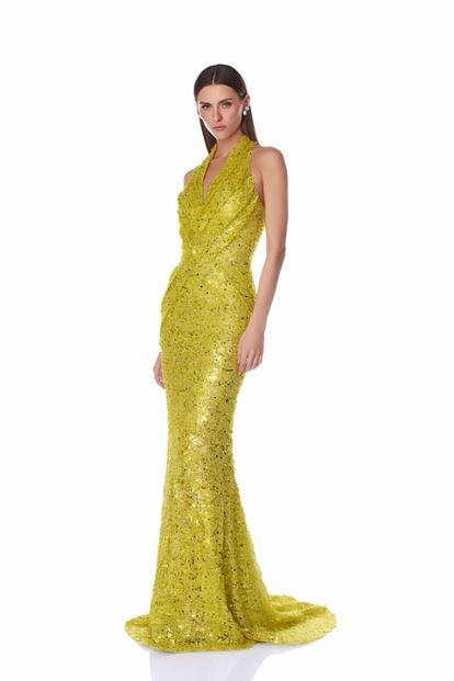 Gelbes  glitzerndes Abendkleid mit V Ausschnitt